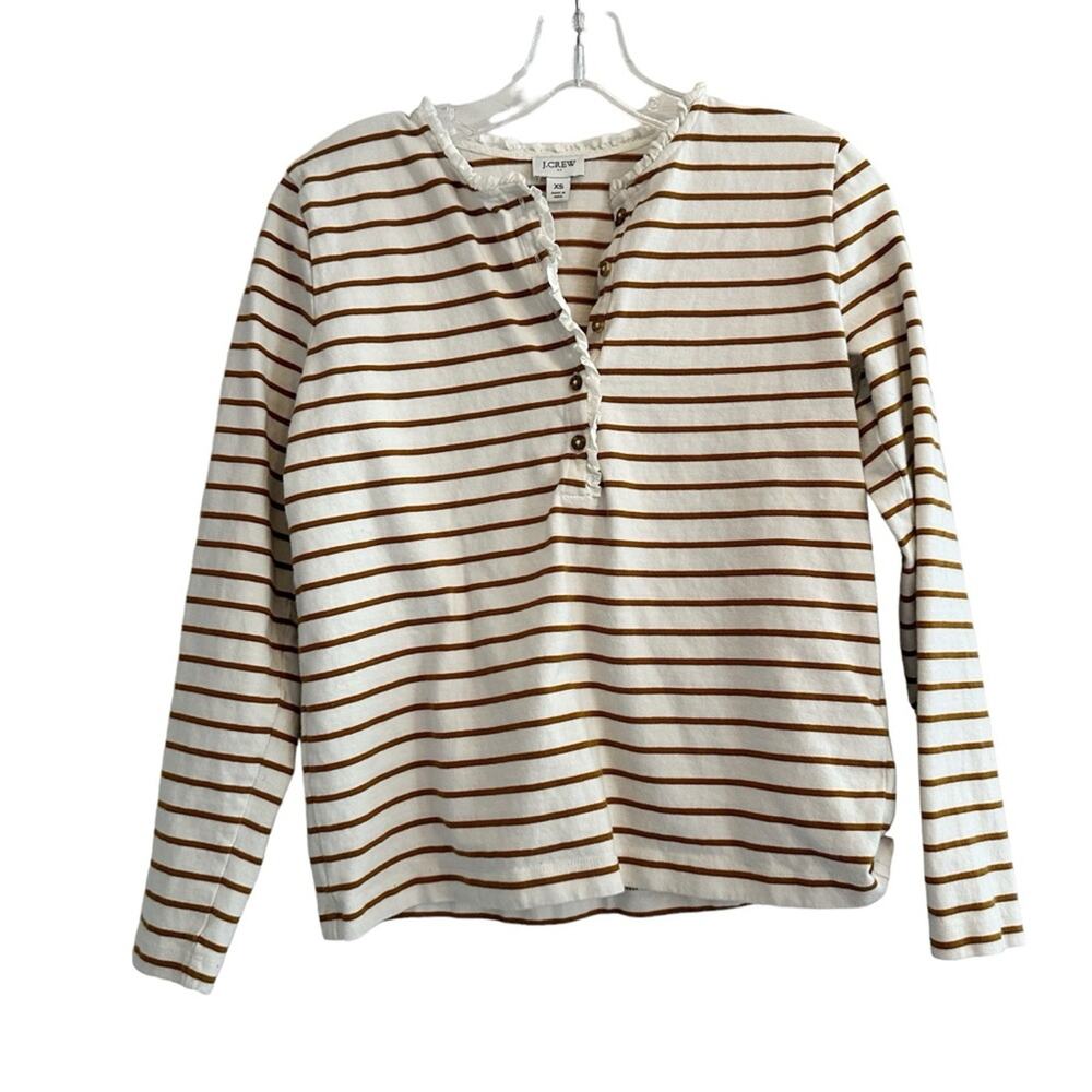 J. Crew Striped Ruffle Collar Henley BS211 Size XS Long Sleeve Shirt Top 2023
